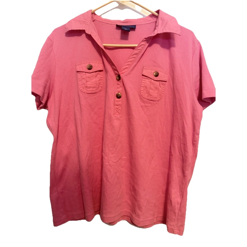 Karen Scott Womens Short Sleeve V Neck Cotton Polo Shirt Pink‎ Size XL